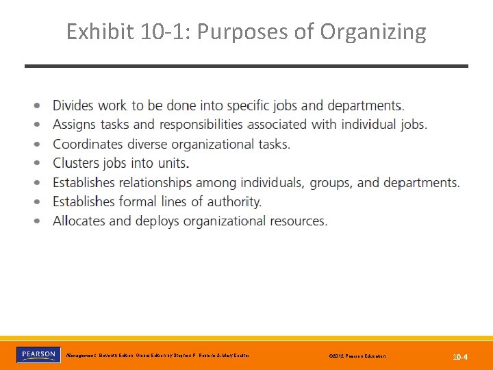 Exhibit 10 -1: Purposes of Organizing Copyright © 2012 Pearson Education, Inc. Publishing as