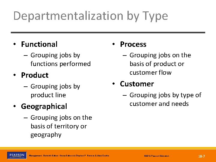 Departmentalization by Type • Functional • Process – Grouping jobs by functions performed •