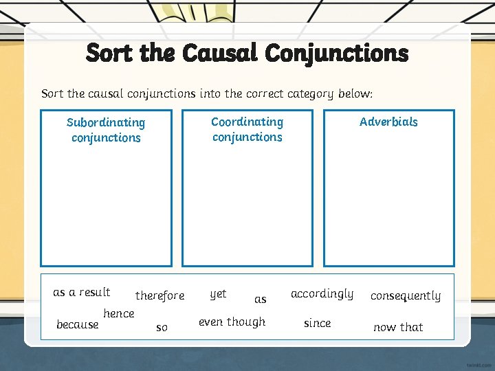 Sort the Causal Conjunctions Sort the causal conjunctions into the correct category below: Coordinating