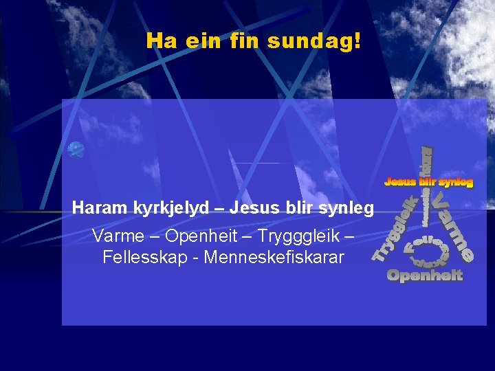 Ha ein fin sundag! Haram kyrkjelyd – Jesus blir synleg Varme – Openheit –