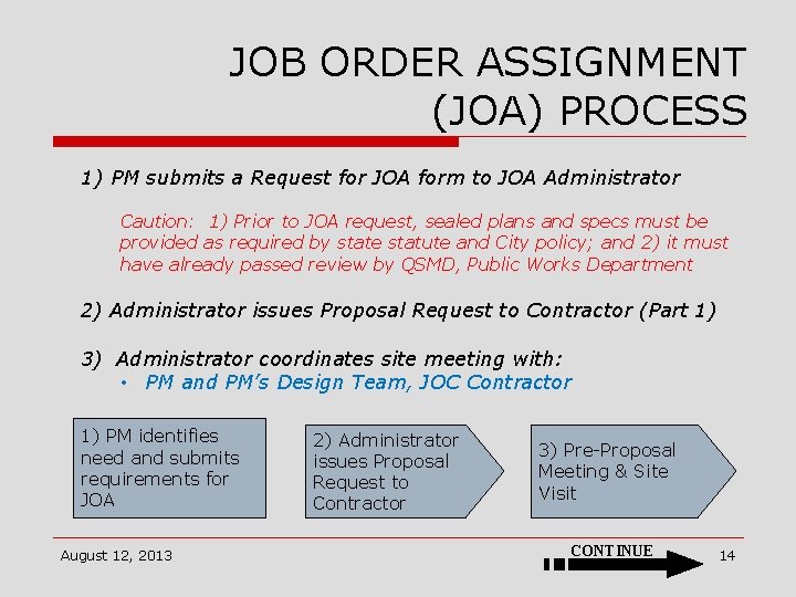 JOB ORDER ASSIGNMENT (JOA) PROCESS 1) PM submits a Request for JOA form to