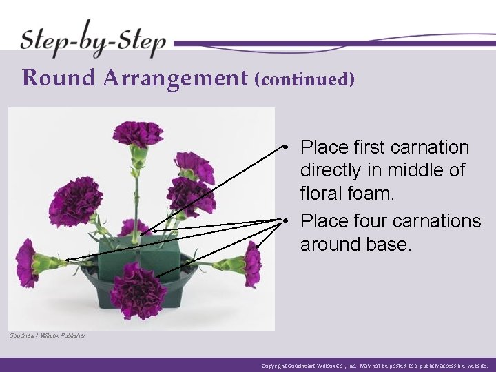 Round Arrangement (continued) • Place first carnation directly in middle of floral foam. • Round Arrangement (continued) • Place first carnation directly in middle of floral foam. •