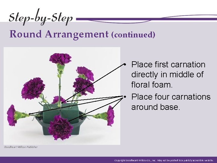 Round Arrangement (continued) • Place first carnation directly in middle of floral foam. •