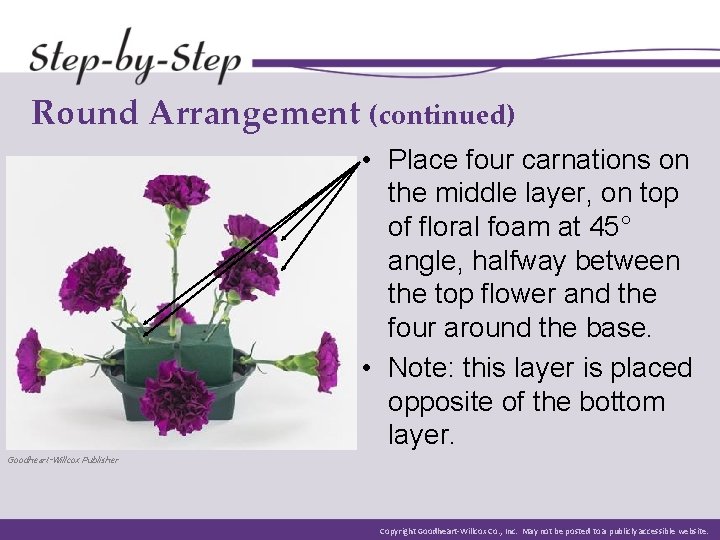 Round Arrangement (continued) • Place four carnations on the middle layer, on top of