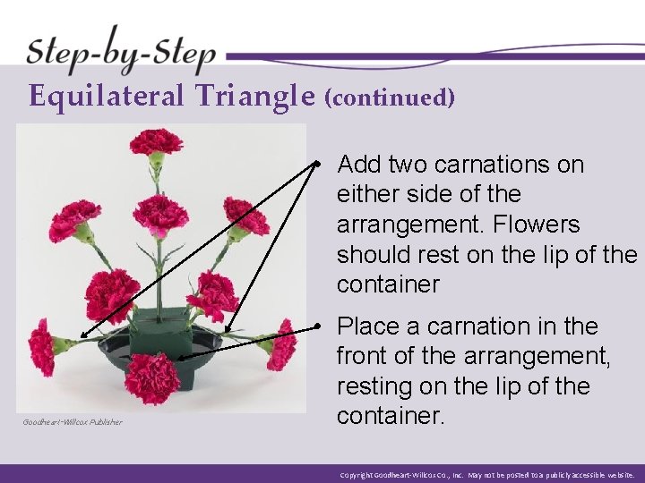 Equilateral Triangle (continued) • Add two carnations on either side of the arrangement. Flowers Equilateral Triangle (continued) • Add two carnations on either side of the arrangement. Flowers