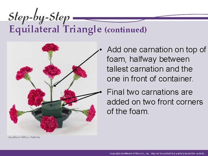 Equilateral Triangle (continued) • Add one carnation on top of foam, halfway between tallest