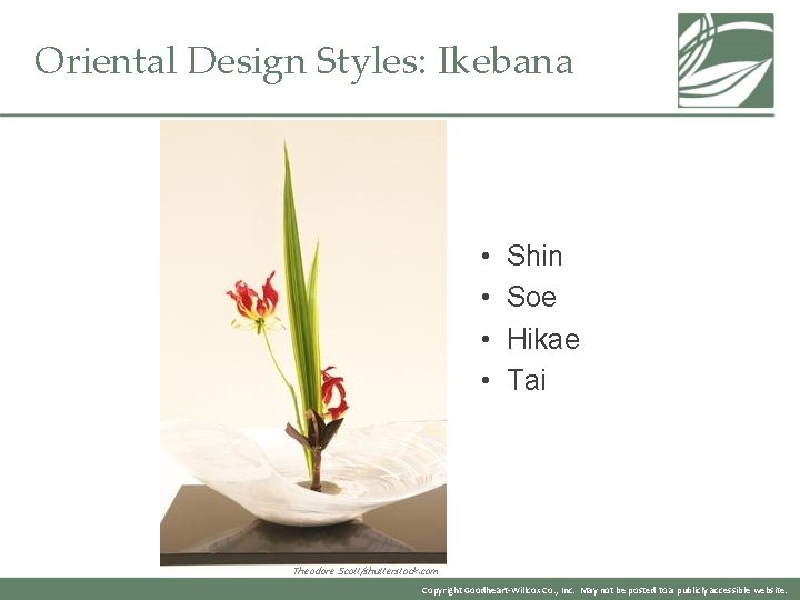 Oriental Design Styles: Ikebana • • Shin Soe Hikae Tai Theodore Scott/shutterstock. com Copyright Oriental Design Styles: Ikebana • • Shin Soe Hikae Tai Theodore Scott/shutterstock. com Copyright