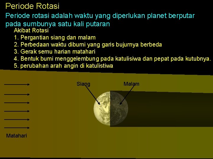 Periode Rotasi Periode rotasi adalah waktu yang diperlukan planet berputar pada sumbunya satu kali