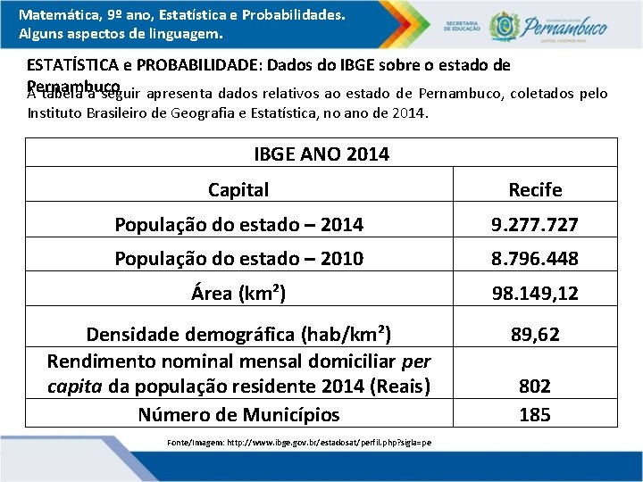Matemática, 9º ano, Estatística e Probabilidades. Alguns aspectos de linguagem. ESTATÍSTICA e PROBABILIDADE: Dados
