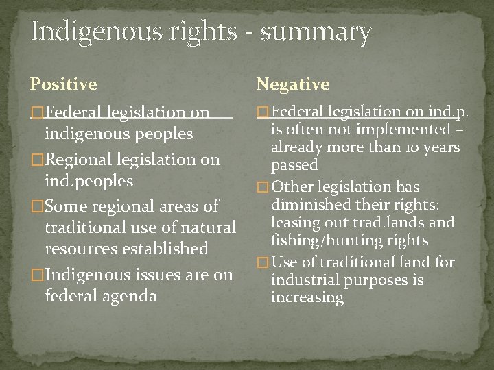 Indigenous rights - summary Positive Negative �Federal legislation on � Federal legislation on ind.