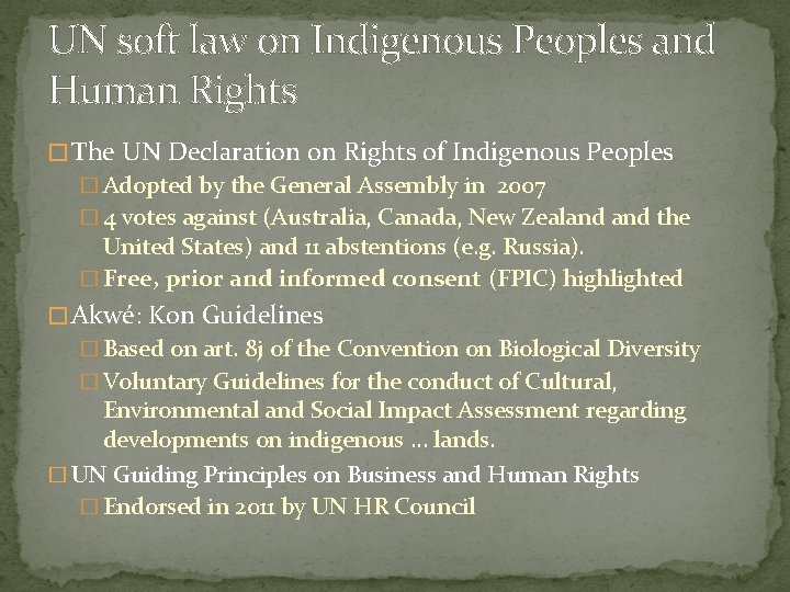 UN soft law on Indigenous Peoples and Human Rights � The UN Declaration on