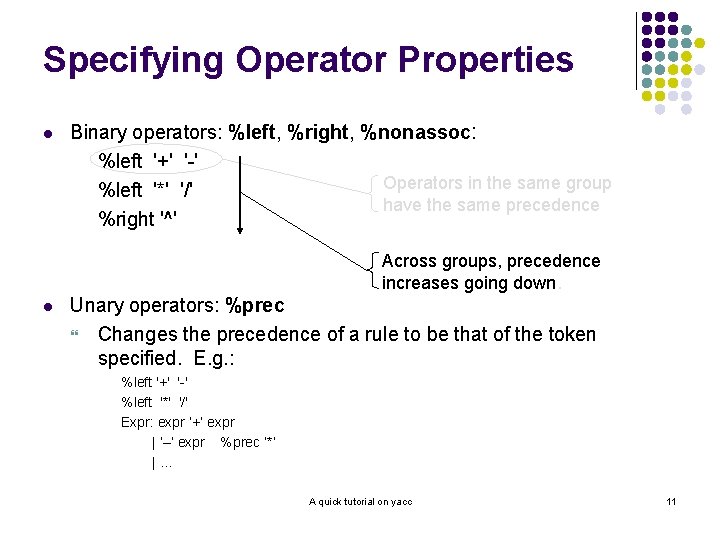 Specifying Operator Properties l Binary operators: %left, %right, %nonassoc: %left '+' '-' Operators in