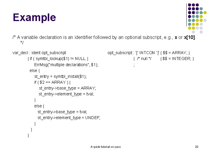 Example /* A variable declaration is an identifier followed by an optional subscript, e.