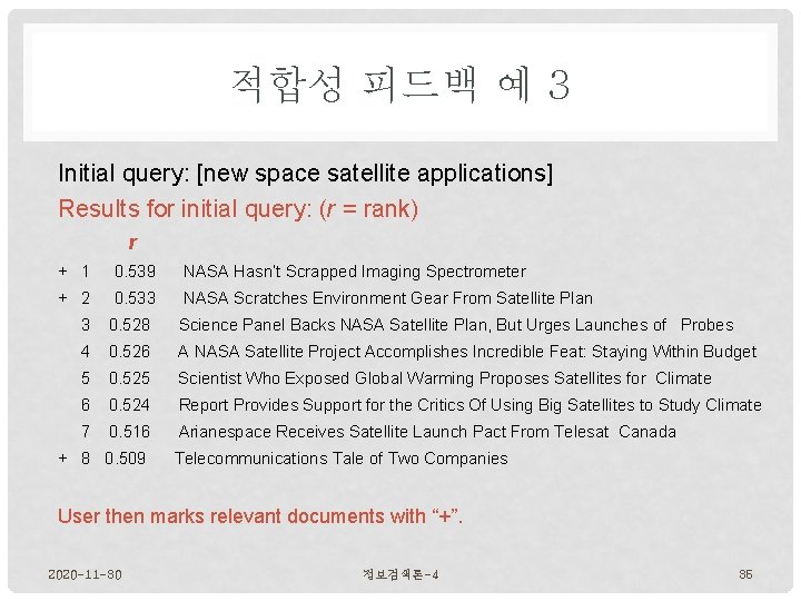 적합성 피드백 예 3 Initial query: [new space satellite applications] Results for initial query: