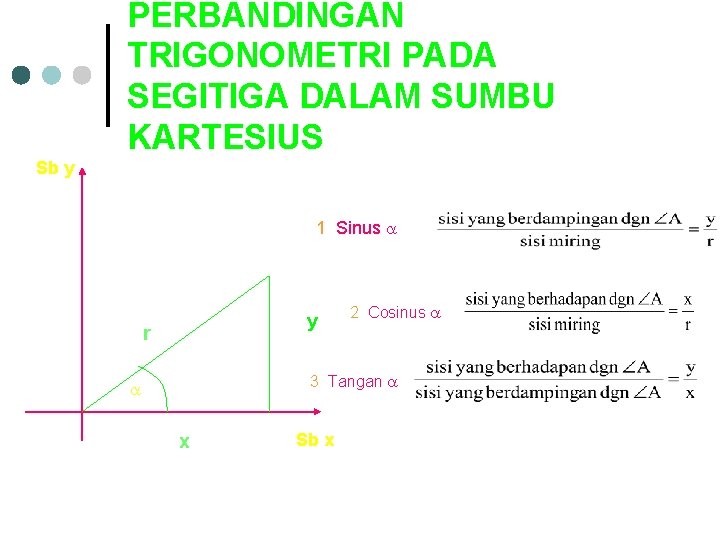 PERBANDINGAN TRIGONOMETRI PADA SEGITIGA DALAM SUMBU KARTESIUS Sb y 1. Sinus = y r