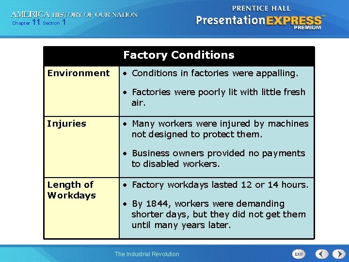 Chapter 11 Section 1 Factory Conditions Environment • Conditions in factories were appalling. •