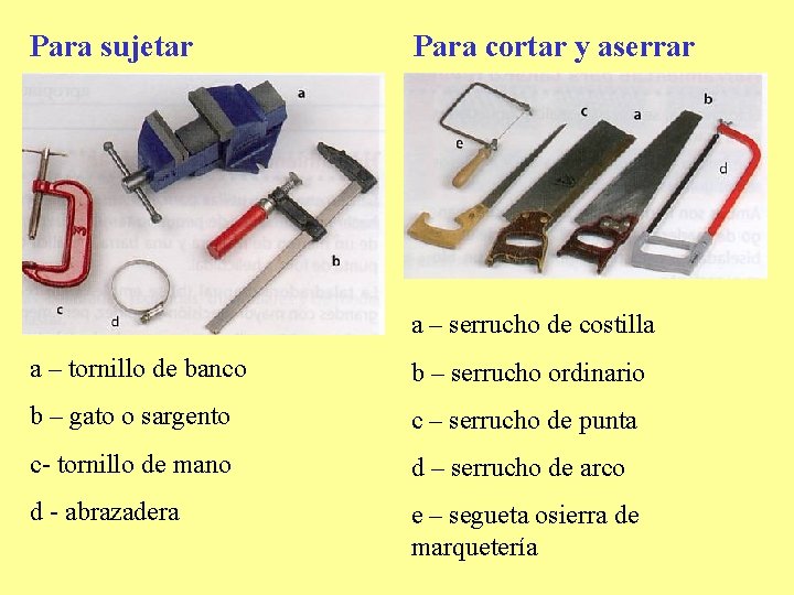 Para sujetar Para cortar y aserrar a – serrucho de costilla a – tornillo