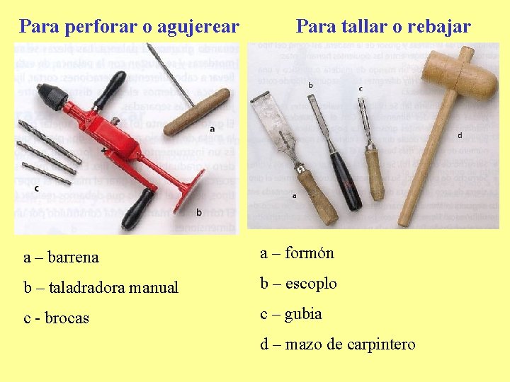 Para perforar o agujerear Para tallar o rebajar a – barrena a – formón