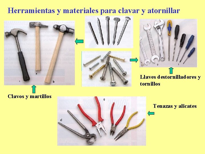 Herramientas y materiales para clavar y atornillar Llaves destornilladores y tornillos Clavos y martillos