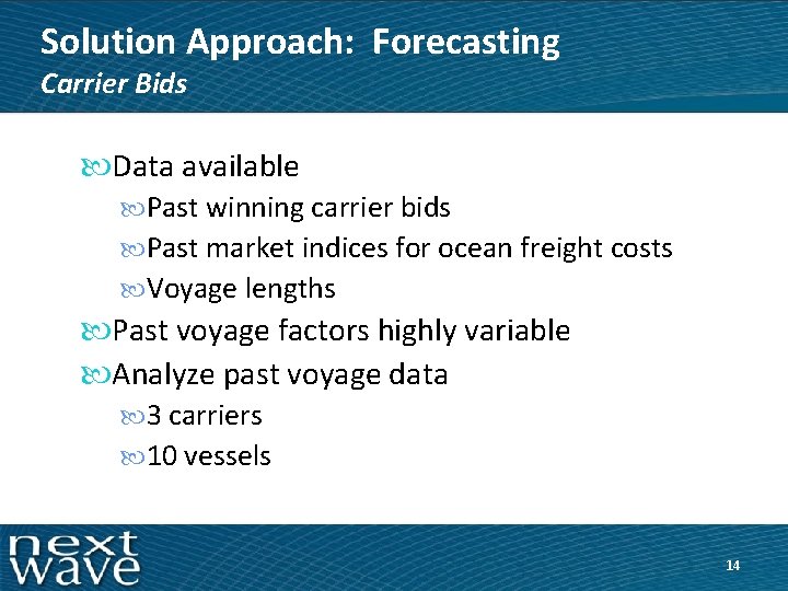 Solution Approach: Forecasting Carrier Bids Data available Past winning carrier bids Past market indices