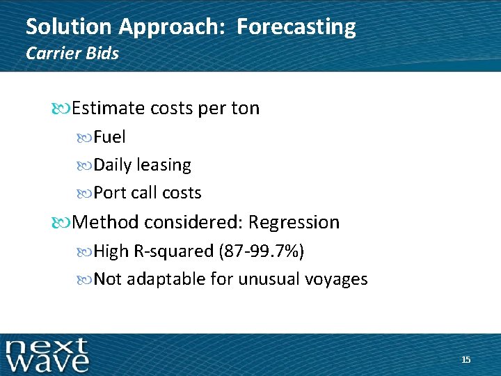 Solution Approach: Forecasting Carrier Bids Estimate costs per ton Fuel Daily leasing Port call