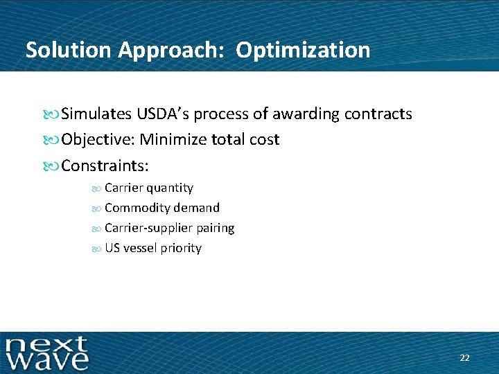 Solution Approach: Optimization Simulates USDA’s process of awarding contracts Objective: Minimize total cost Constraints: