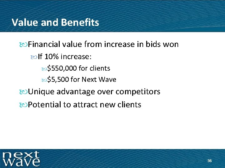 Value and Benefits Financial value from increase in bids won If 10% increase: $550,