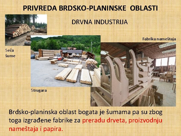 PRIVREDA BRDSKO-PLANINSKE OBLASTI DRVNA INDUSTRIJA Fabrika nameštaja Seča šume Strugara Brdsko-planinska oblast bogata je