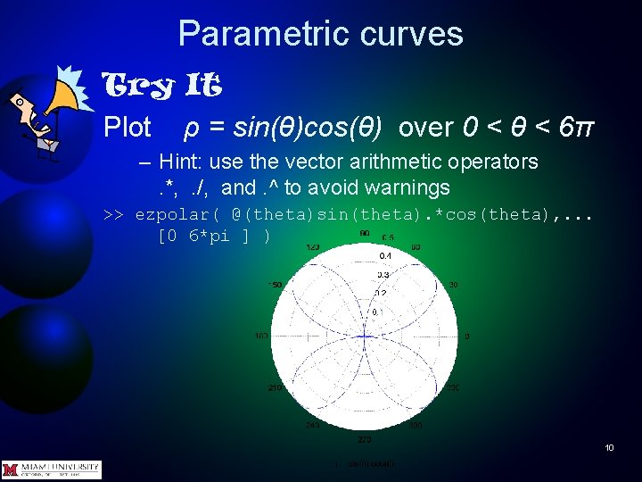 Parametric curves Try It Plot ρ = sin(θ)cos(θ) over 0 < θ < 6π