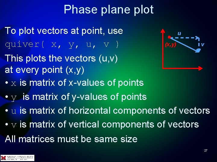 Phase plane plot To plot vectors at point, use quiver( x, y, u, v