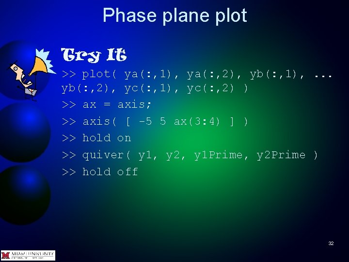 Phase plane plot Try It >> plot( ya(: , 1), ya(: , 2), yb(:
