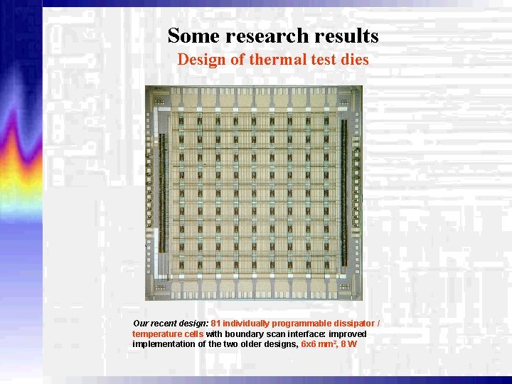 Some research results Design of thermal test dies Our recent design: 81 individually programmable