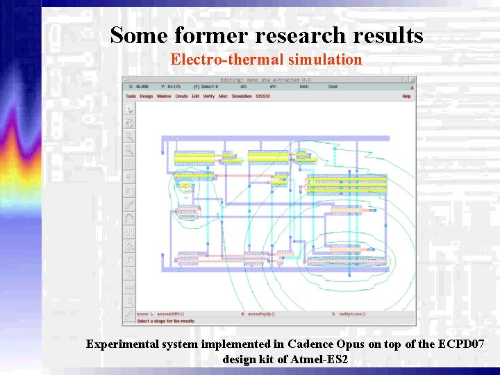 Some former research results Electro-thermal simulation Experimental system implemented in Cadence Opus on top