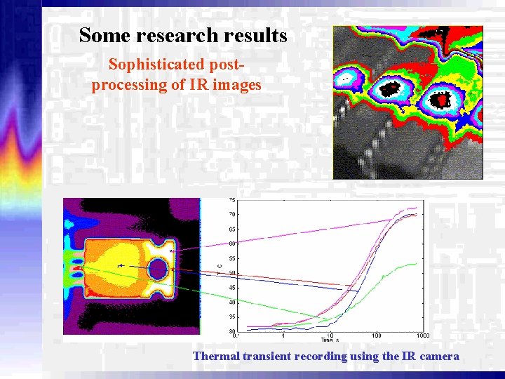 Some research results Sophisticated postprocessing of IR images Thermal transient recording using the IR