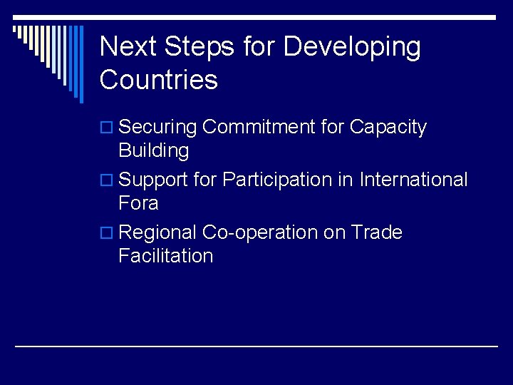 Next Steps for Developing Countries o Securing Commitment for Capacity Building o Support for