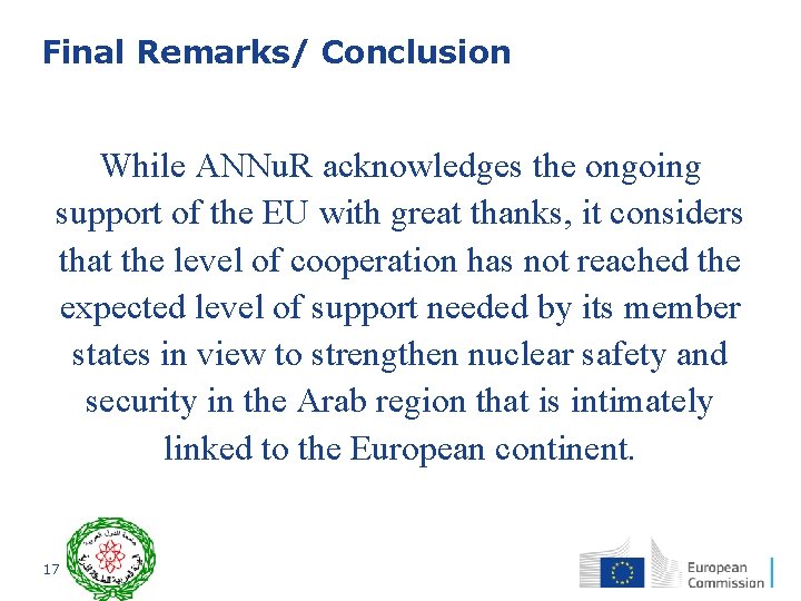 Final Remarks/ Conclusion While ANNu. R acknowledges the ongoing support of the EU with