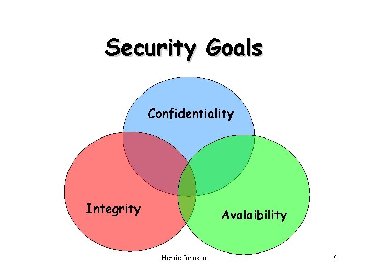 Security Goals Confidentiality Integrity Avalaibility Henric Johnson 6 