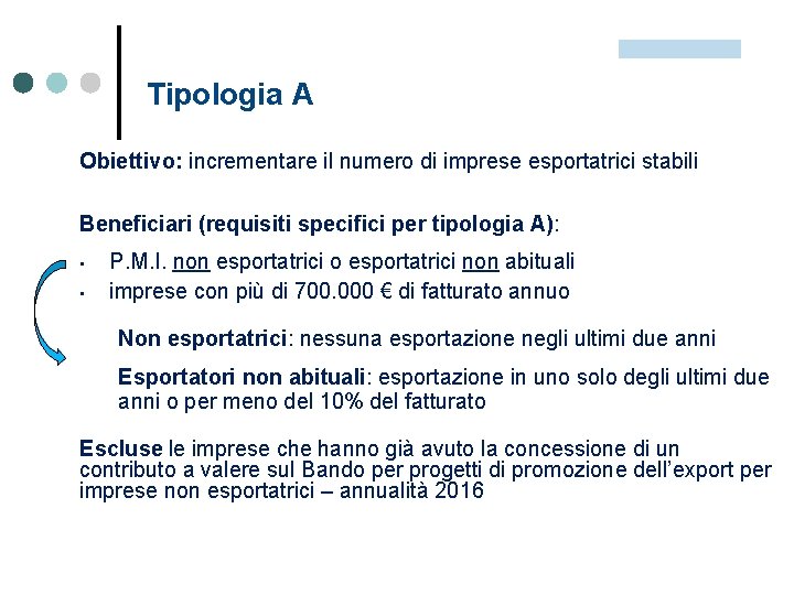 Tipologia A Obiettivo: incrementare il numero di imprese esportatrici stabili Beneficiari (requisiti specifici per