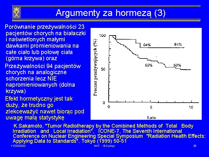Argumenty za hormezą (3) Porównanie przeżywalności 23 pacjentów chorych na białaczki i naświetlonych małymi
