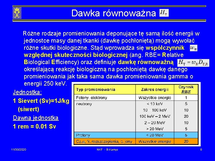 Dawka równoważna Różne rodzaje promieniowania deponujące tę samą ilość energii w jednostce masy danej