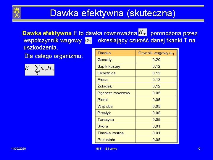Dawka efektywna (skuteczna) Dawka efektywna E to dawka równoważna pomnożona przez współczynnik wagowy określający