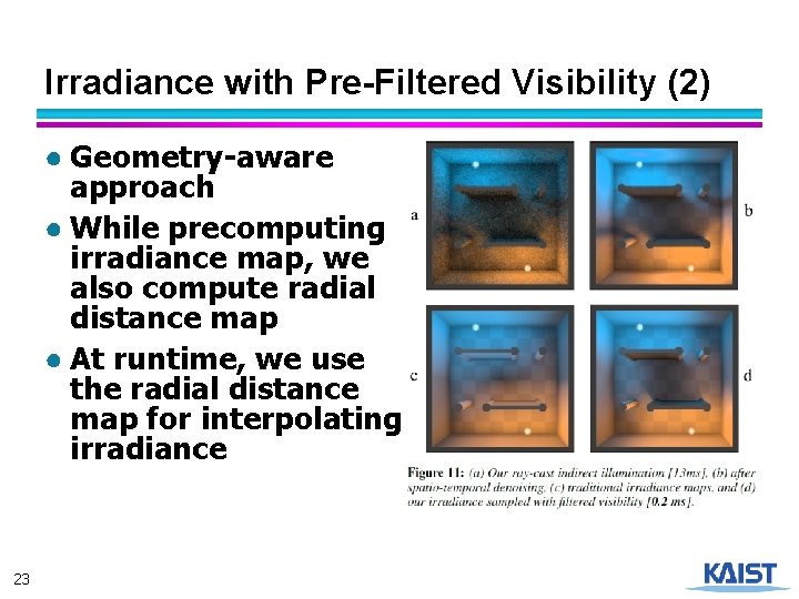 Irradiance with Pre-Filtered Visibility (2) ● Geometry-aware approach ● While precomputing irradiance map, we