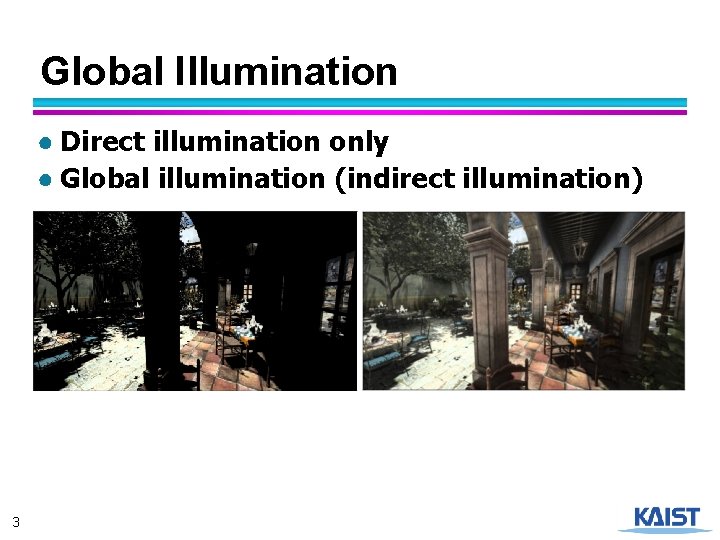 Global Illumination ● Direct illumination only ● Global illumination (indirect illumination) 3 