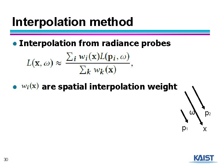 Interpolation method ● Interpolation from radiance probes ● are spatial interpolation weight ω p