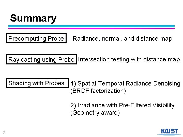 Summary Precomputing Probe Radiance, normal, and distance map Ray casting using Probe Intersection testing
