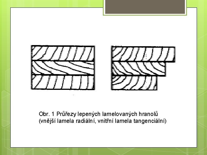 Obr. 1 Průřezy lepených lamelovaných hranolů (vnější lamela radiální, vnitřní lamela tangenciální) 