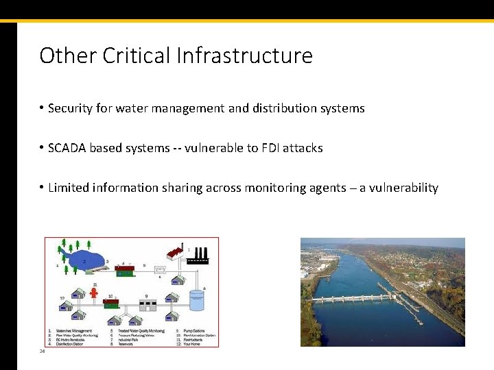Other Critical Infrastructure • Security for water management and distribution systems • SCADA based