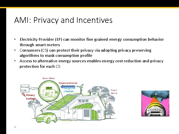 AMI: Privacy and Incentives • Electricity Provider (EP) can monitor fine grained energy consumption