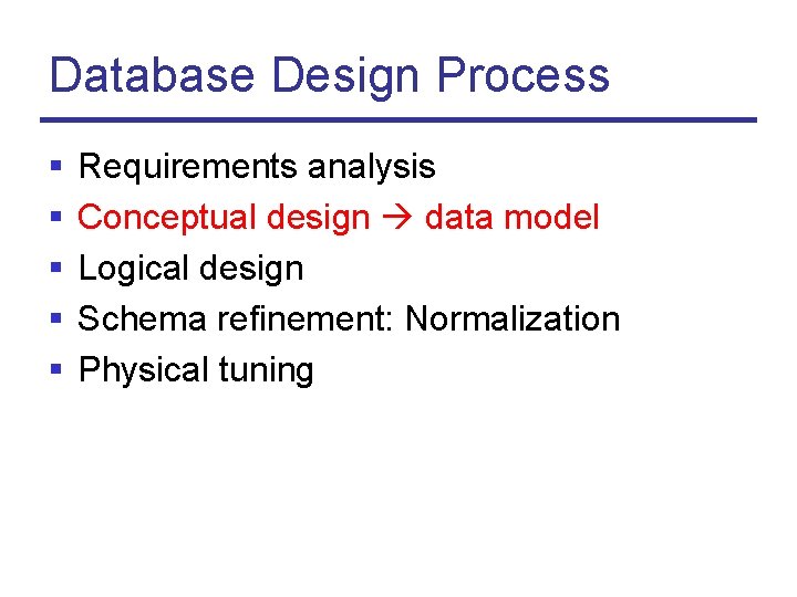 Database Design Process § § § Requirements analysis Conceptual design data model Logical design