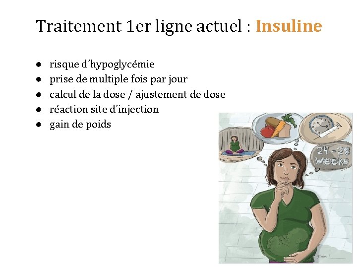 Traitement 1 er ligne actuel : Insuline ● ● ● risque d’hypoglycémie prise de